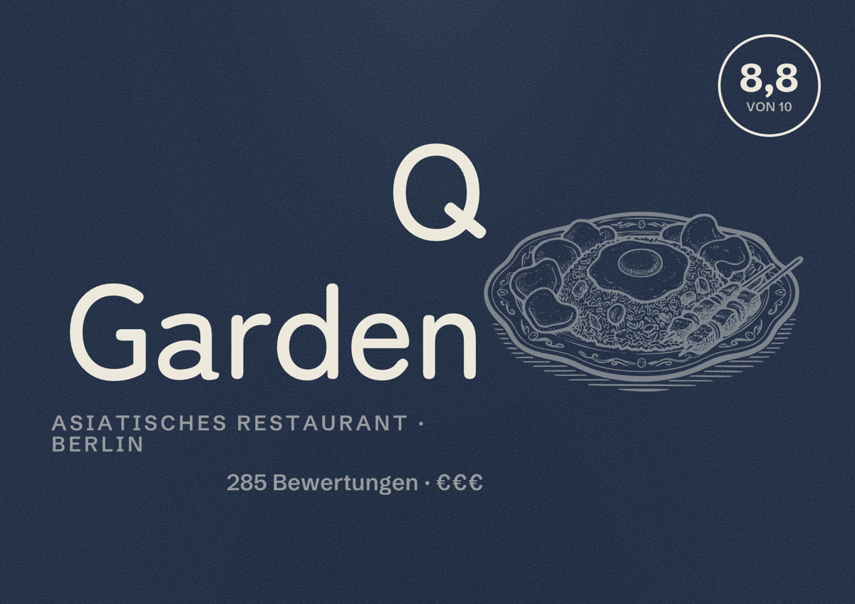 Illustriertes Poster von Q Garden, Asiatisches Restaurant in Berlin: Bewertung 8,8 von 10 aus 285 Bewertungen, Preisniveau €€€