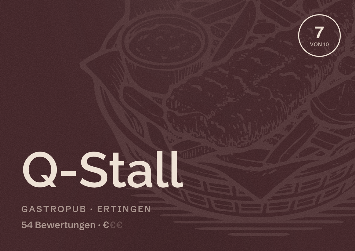 Illustriertes Poster von Q-Stall, Gastropub in Ertingen: Bewertung 7 von 10 aus 54 Bewertungen, Preisniveau €
