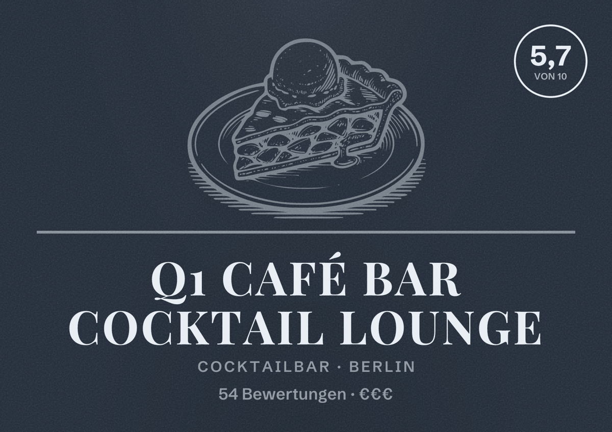 Illustriertes Poster von Q1 Café Bar Cocktail Lounge, Cocktailbar in Berlin: Bewertung 5,7 von 10 aus 54 Bewertungen, Preisniveau €€€