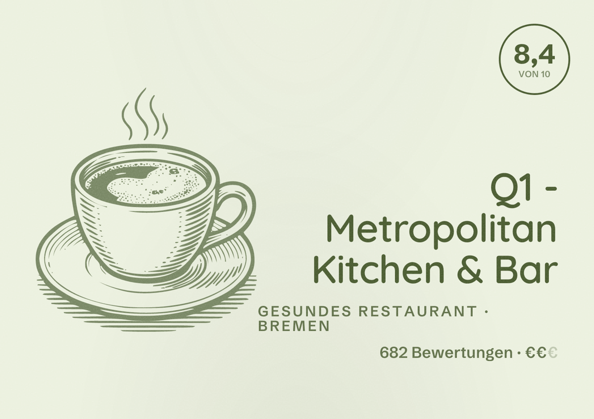 Illustriertes Poster von Q1 - Metropolitan Kitchen & Bar, Gesundes Restaurant in Bremen: Bewertung 8,4 von 10 aus 682 Bewertungen, Preisniveau €€