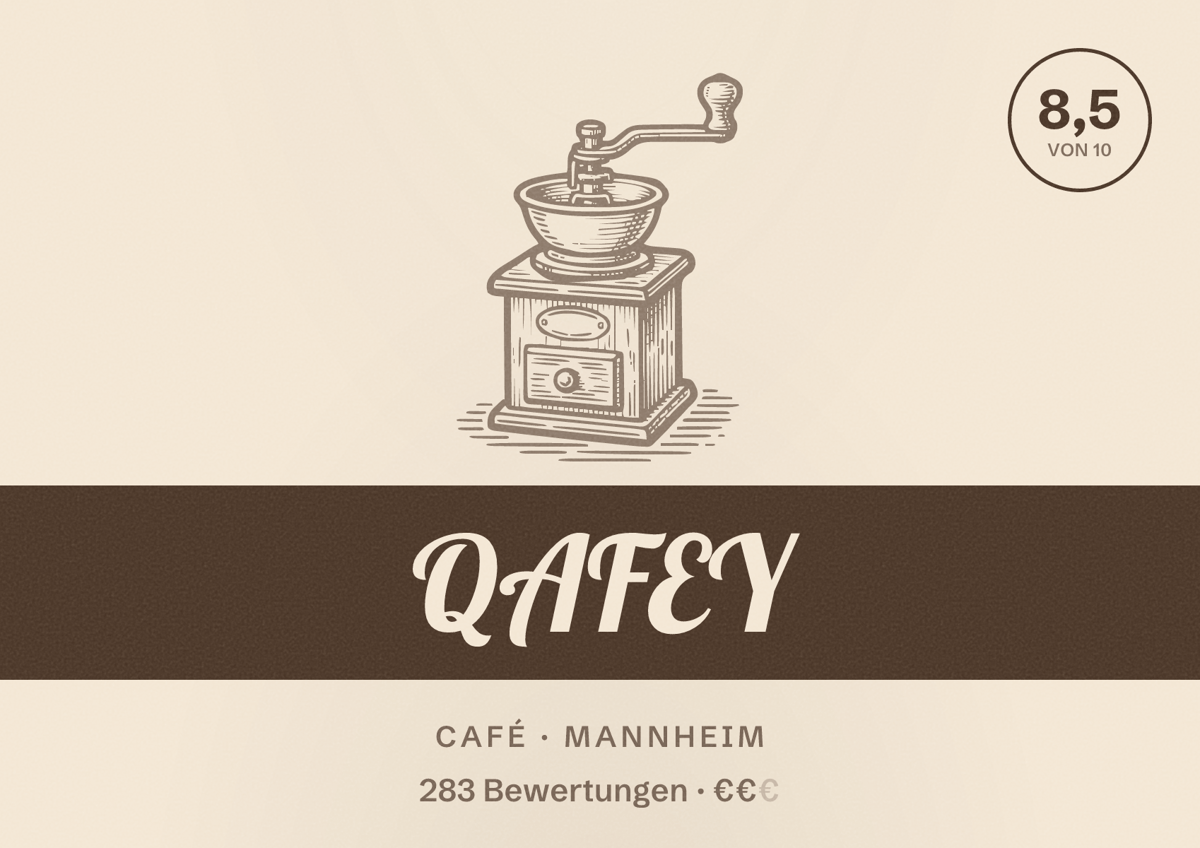 Illustriertes Poster von QAFEY, Café in Mannheim: Bewertung 8,5 von 10 aus 283 Bewertungen, Preisniveau €€