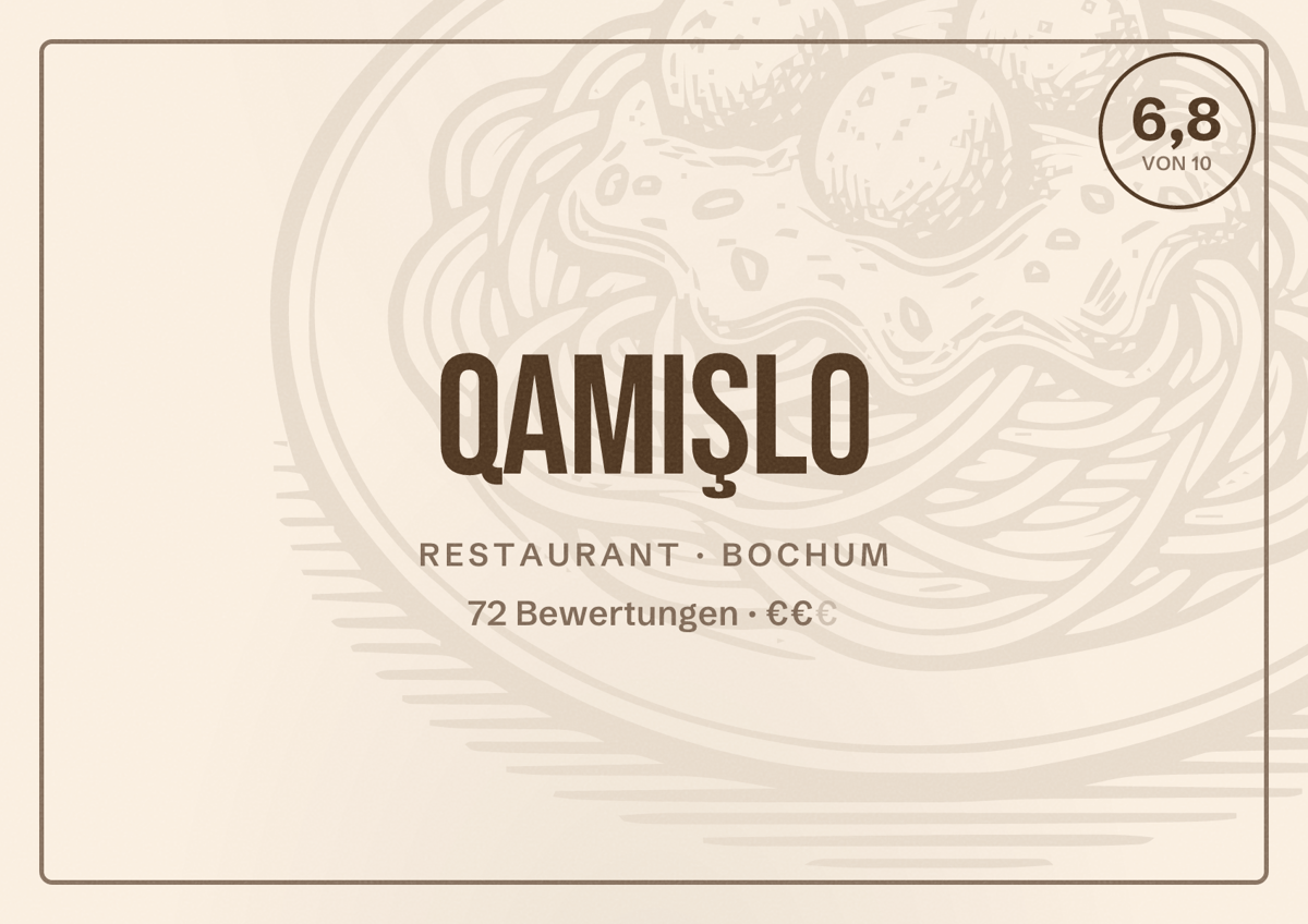 Illustriertes Poster von Qamişlo, Restaurant in Bochum: Bewertung 6,8 von 10 aus 72 Bewertungen, Preisniveau €€