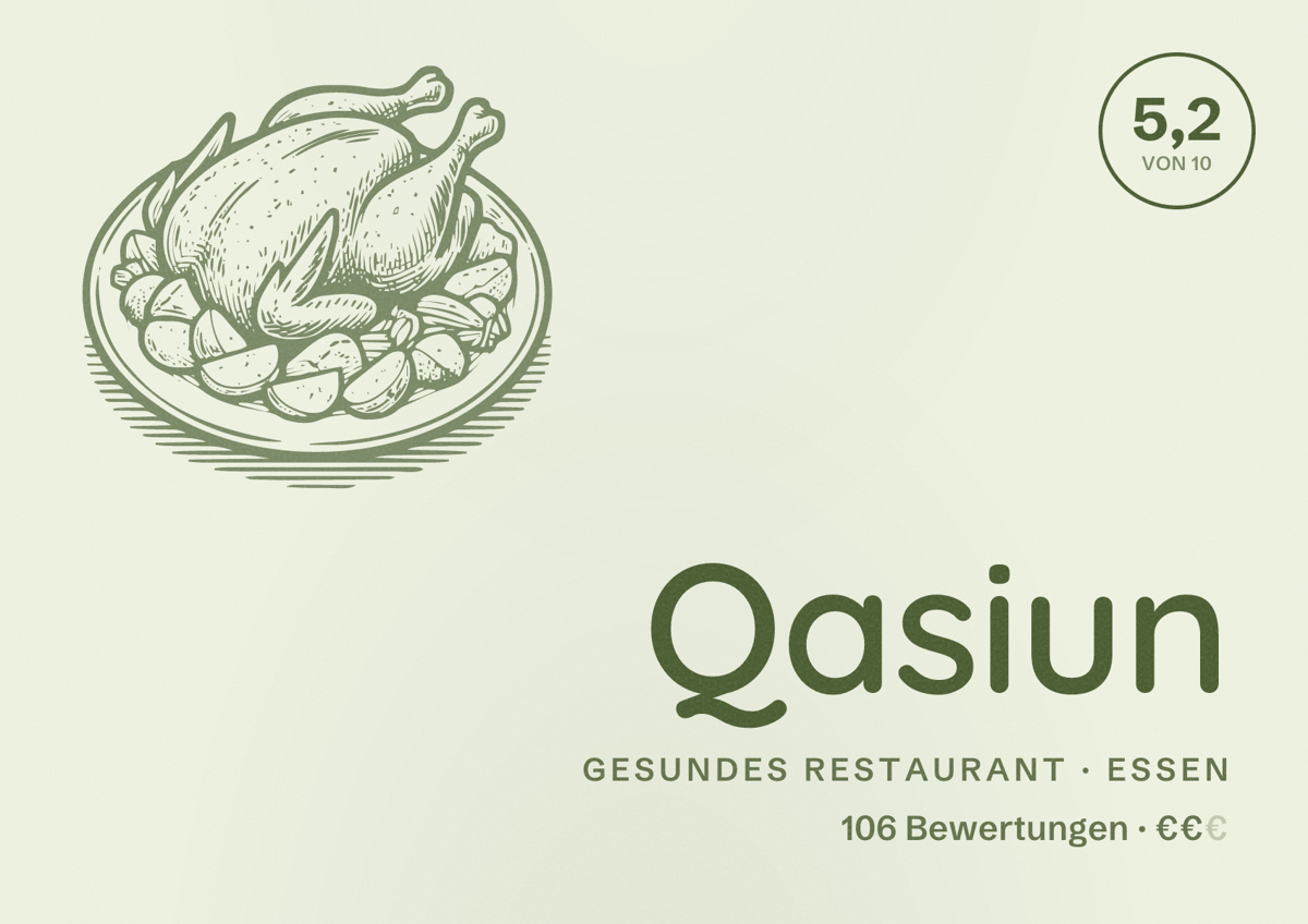 Illustriertes Poster von Qasiun, Gesundes Restaurant in Essen: Bewertung 5,2 von 10 aus 106 Bewertungen, Preisniveau €€