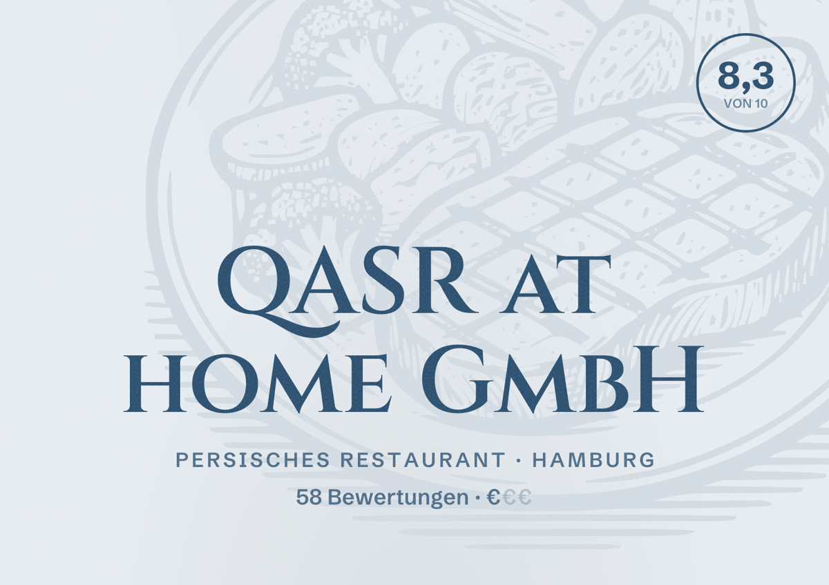 Illustriertes Poster von QASR at home GmbH, Persisches Restaurant in Hamburg: Bewertung 8,3 von 10 aus 58 Bewertungen, Preisniveau €