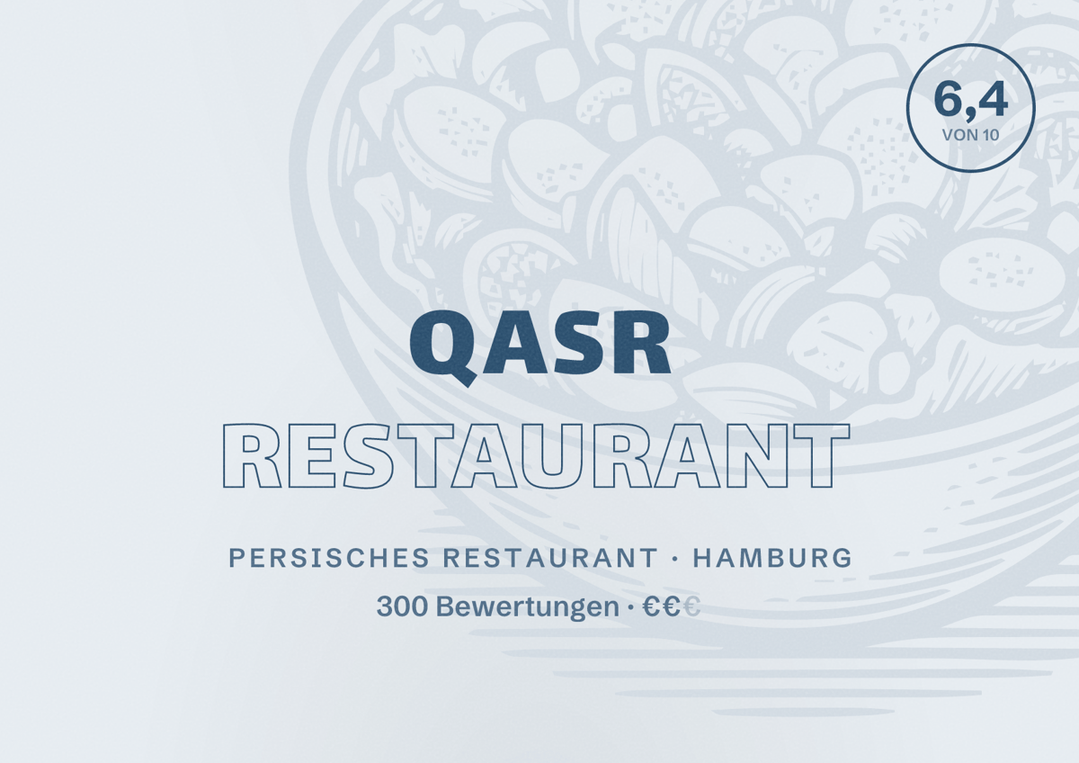 Illustriertes Poster von Qasr Restaurant, Persisches Restaurant in Hamburg: Bewertung 6,4 von 10 aus 300 Bewertungen, Preisniveau €€
