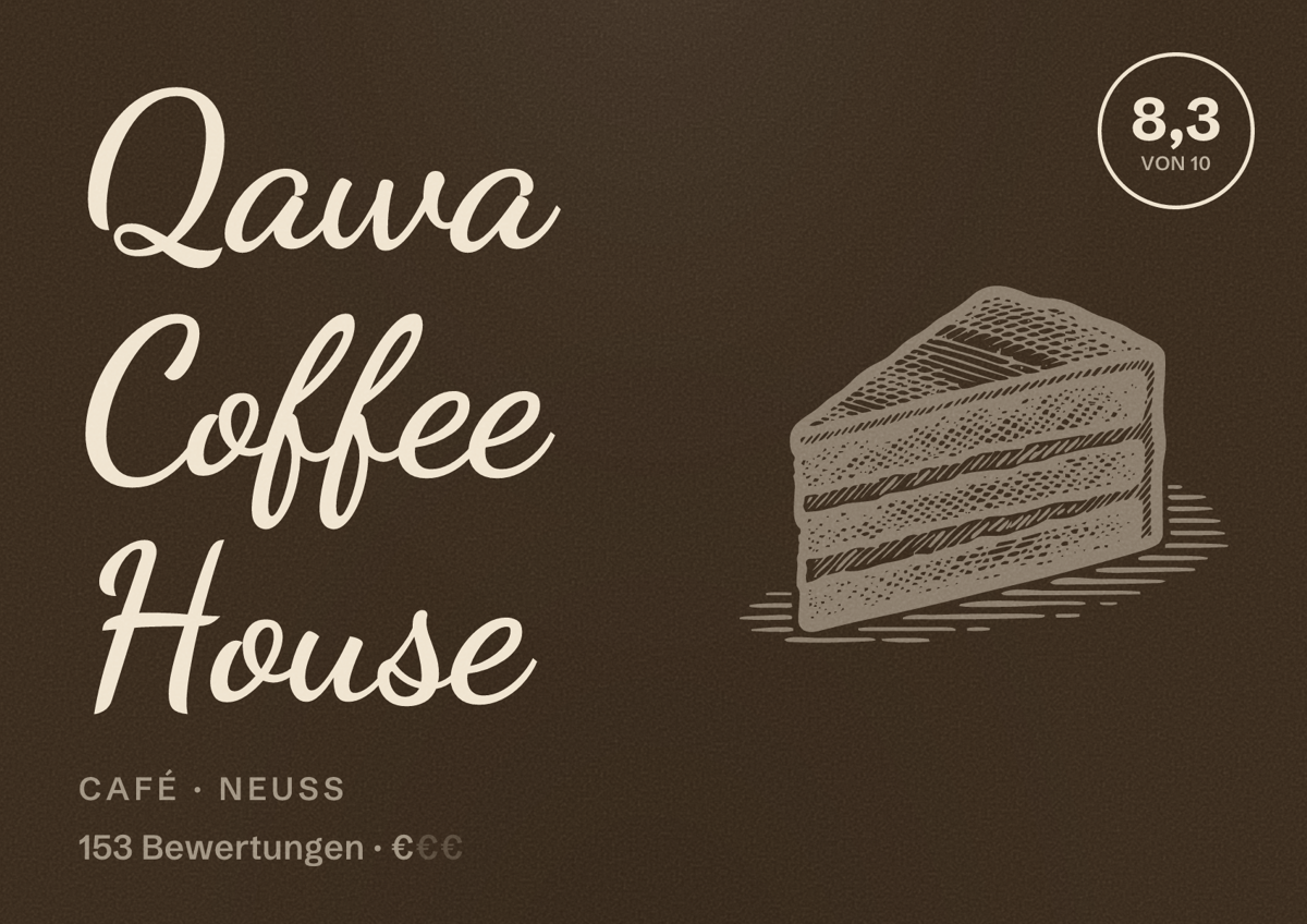 Illustriertes Poster von Qawa Coffee House, Café in Neuss: Bewertung 8,3 von 10 aus 153 Bewertungen, Preisniveau €