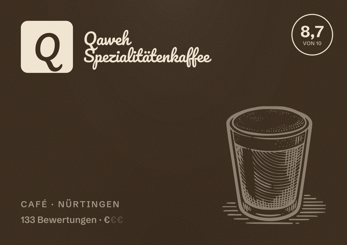 Illustriertes Poster von Qaweh Spezialitätenkaffee, Café in Nürtingen: Bewertung 8,7 von 10 aus 133 Bewertungen, Preisniveau €