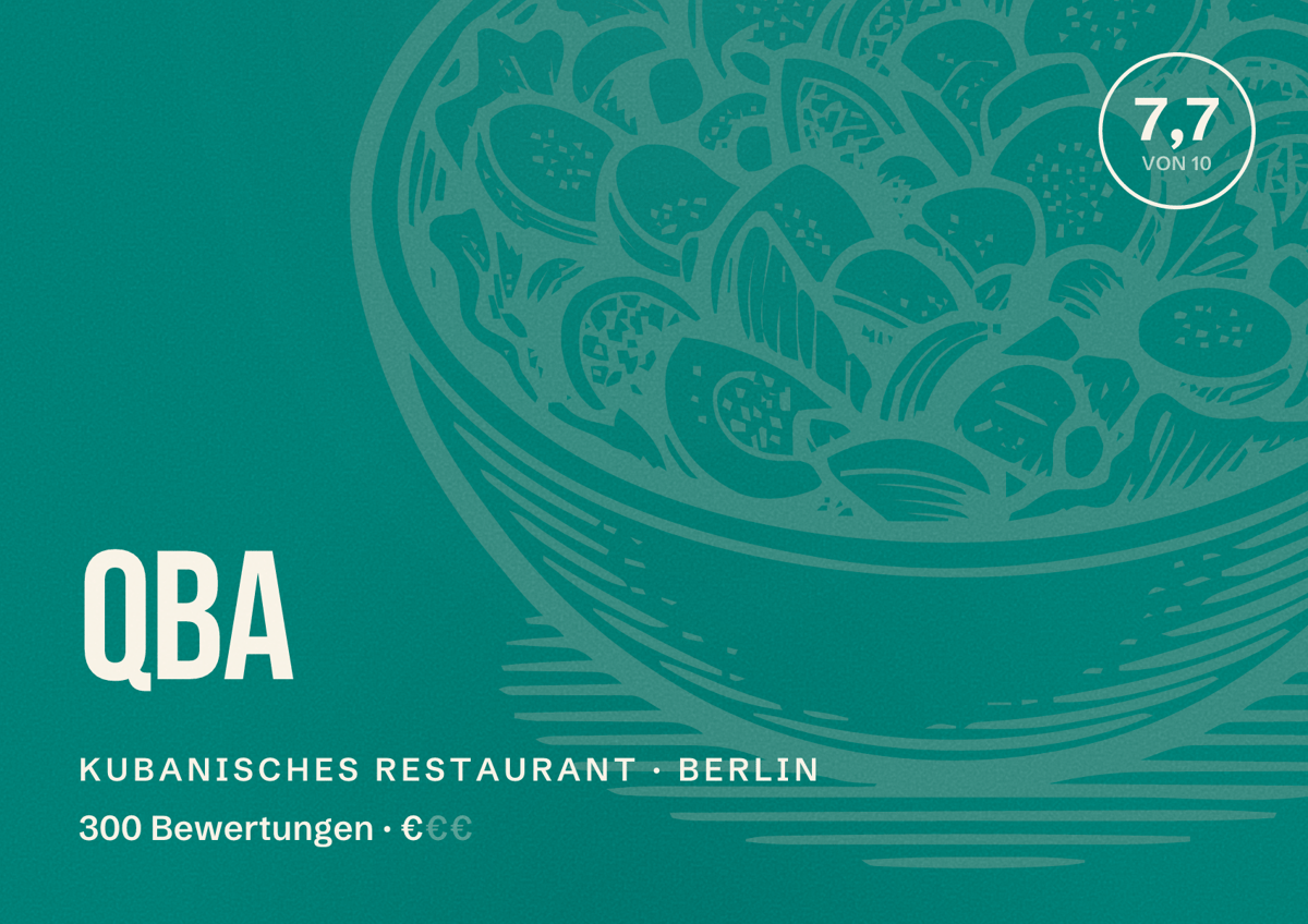 Illustriertes Poster von QBA, Kubanisches Restaurant in Berlin: Bewertung 7,7 von 10 aus 300 Bewertungen, Preisniveau €