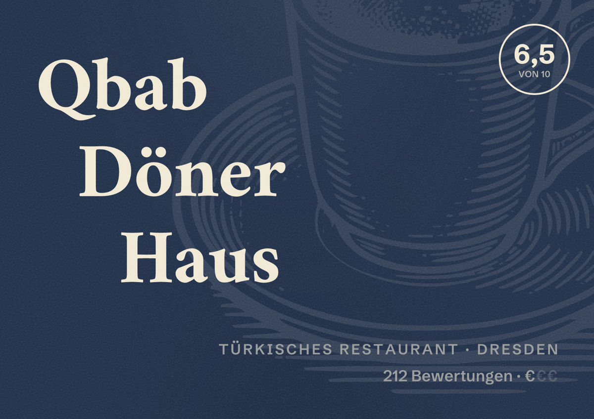 Illustriertes Poster von Qbab Döner Haus, Türkisches Restaurant in Dresden: Bewertung 6,5 von 10 aus 212 Bewertungen, Preisniveau €