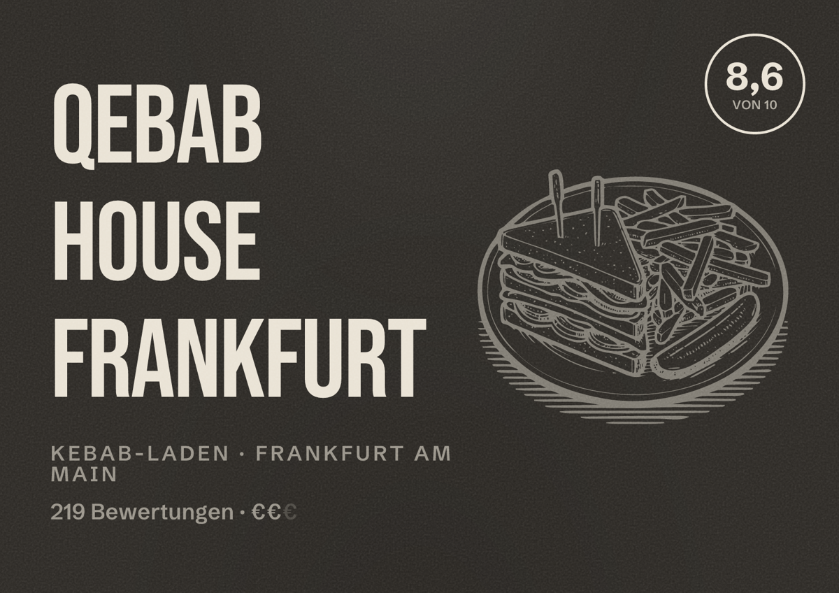 Illustriertes Poster von Qebab House Frankfurt, Kebab-Laden in Frankfurt am Main: Bewertung 8,6 von 10 aus 219 Bewertungen, Preisniveau €€