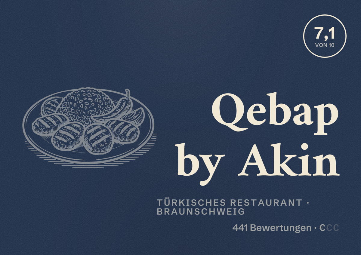 Illustriertes Poster von Qebap by Akin, Türkisches Restaurant in Braunschweig: Bewertung 7,1 von 10 aus 441 Bewertungen, Preisniveau €
