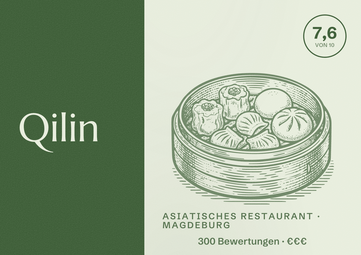 Illustriertes Poster von Qilin, Asiatisches Restaurant in Magdeburg: Bewertung 7,6 von 10 aus 300 Bewertungen, Preisniveau €€€
