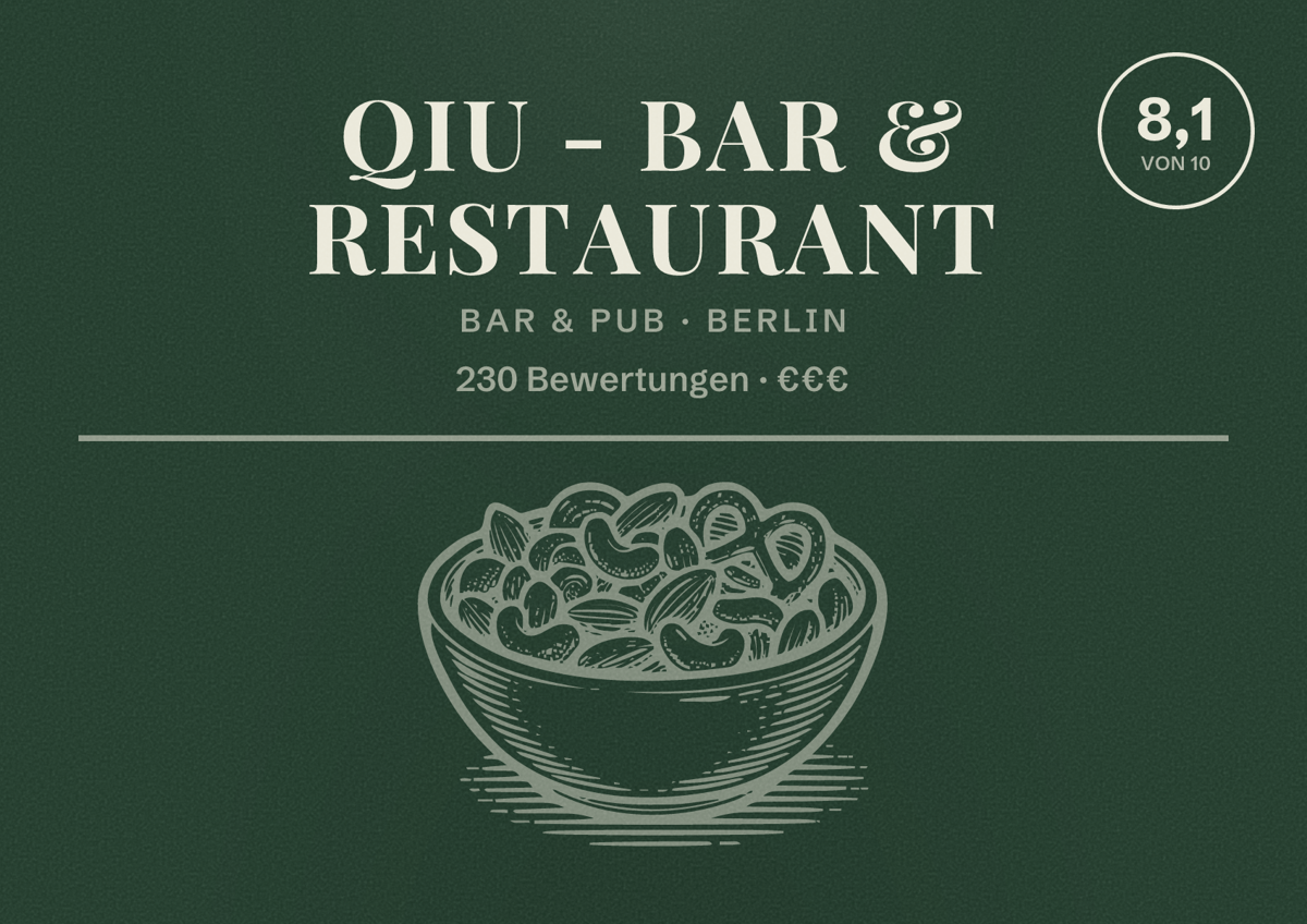 Illustriertes Poster von QIU - Bar & Restaurant, Bar & Pub in Berlin: Bewertung 8,1 von 10 aus 230 Bewertungen, Preisniveau €€€