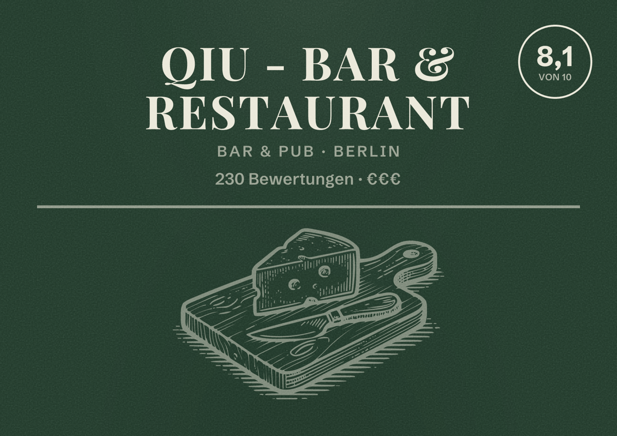 Illustriertes Poster von QIU - Bar & Restaurant, Bar & Pub in Berlin: Bewertung 8,1 von 10 aus 230 Bewertungen, Preisniveau €€€