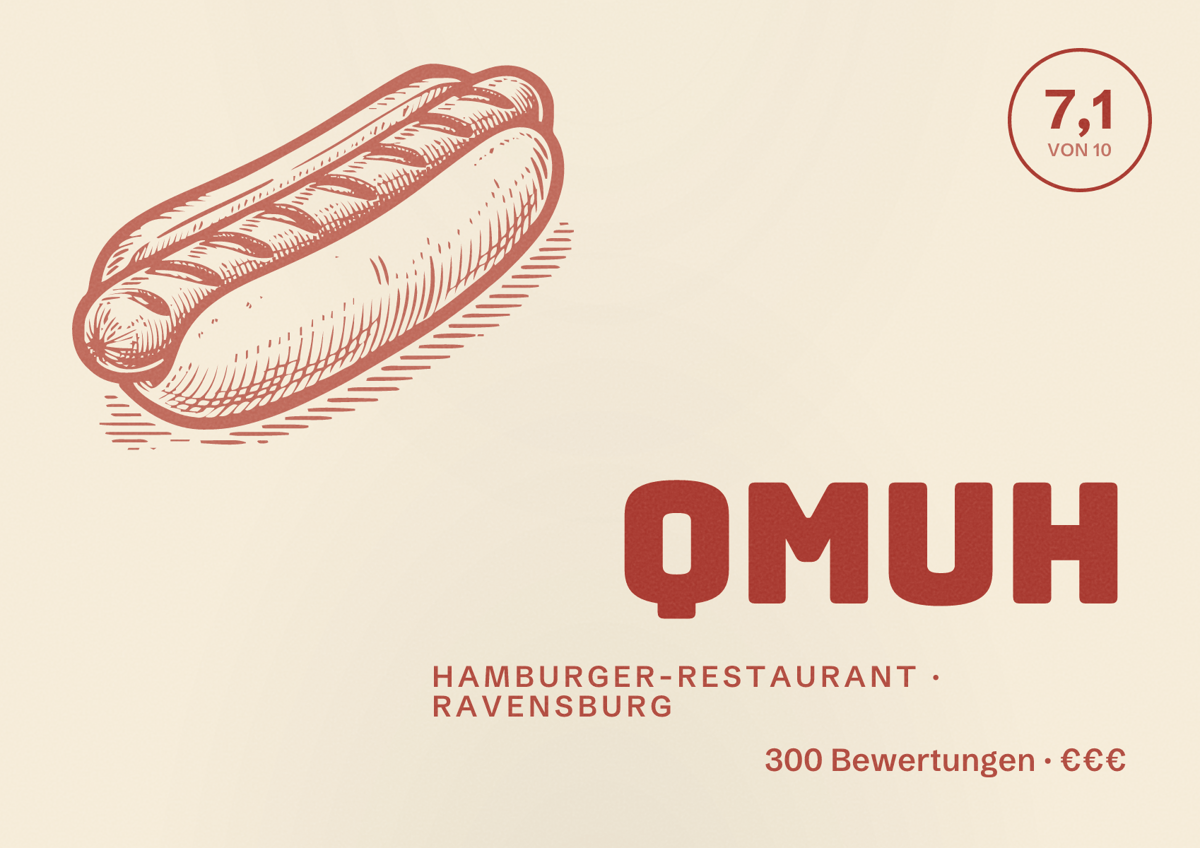 Illustriertes Poster von QMUH, Hamburger-Restaurant in Ravensburg: Bewertung 7,1 von 10 aus 300 Bewertungen, Preisniveau €€€