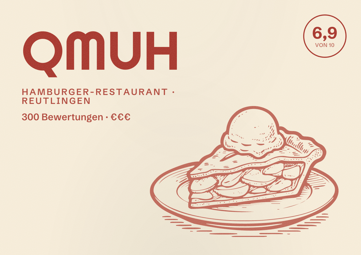 Illustriertes Poster von QMUH, Hamburger-Restaurant in Reutlingen: Bewertung 6,9 von 10 aus 300 Bewertungen, Preisniveau €€€