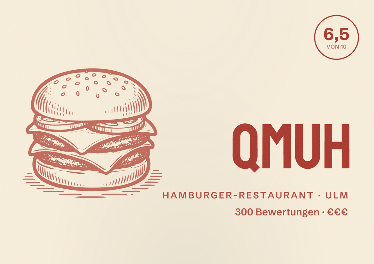 Illustriertes Poster von QMUH, Hamburger-Restaurant in Ulm: Bewertung 6,5 von 10 aus 300 Bewertungen, Preisniveau €€€