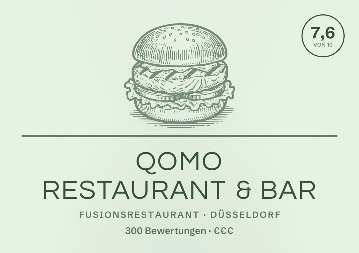 Illustriertes Poster von QOMO Restaurant & Bar, Fusionsrestaurant in Düsseldorf: Bewertung 7,6 von 10 aus 300 Bewertungen, Preisniveau €€€