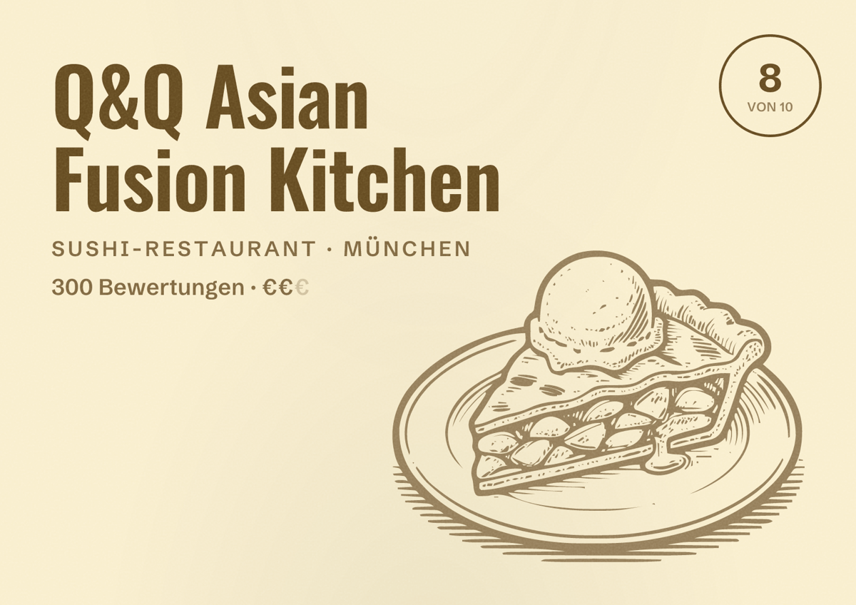 Illustriertes Poster von Q&Q Asian Fusion Kitchen, Sushi-Restaurant in München: Bewertung 8,0 von 10 aus 300 Bewertungen, Preisniveau €€
