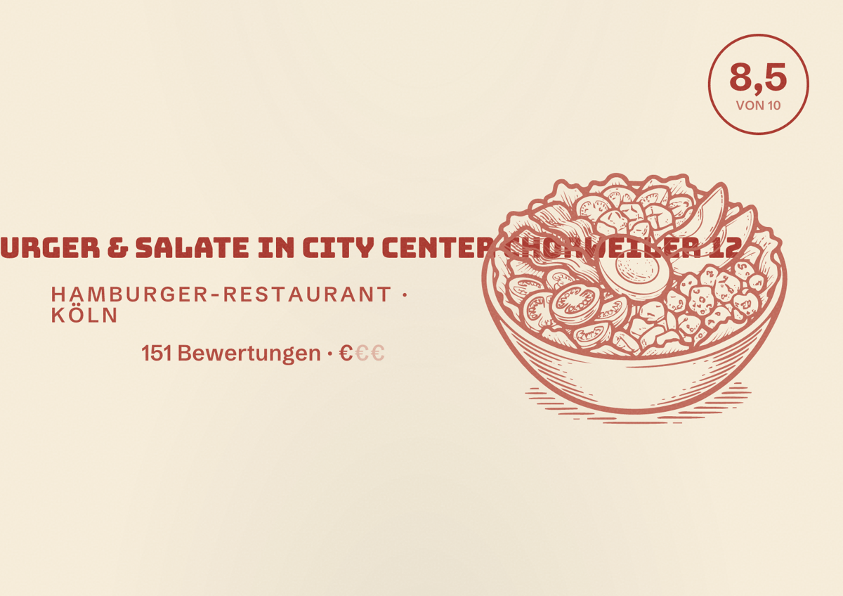 Illustriertes Poster von QQ Burger - Burger & Salate in City Center Chorweiler 12, Hamburger-Restaurant in Köln: Bewertung 8,5 von 10 aus 151 Bewertungen, Preisniveau €