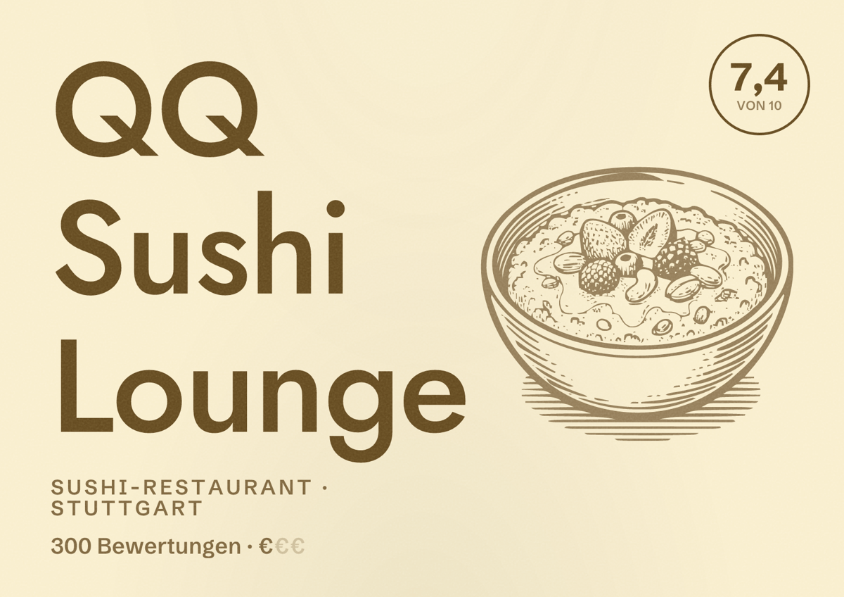 Illustriertes Poster von QQ Sushi Lounge, Sushi-Restaurant in Stuttgart: Bewertung 7,4 von 10 aus 300 Bewertungen, Preisniveau €