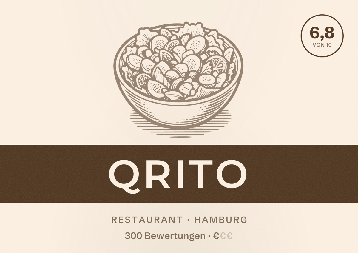 Illustriertes Poster von qrito, Restaurant in Hamburg: Bewertung 6,8 von 10 aus 300 Bewertungen, Preisniveau €
