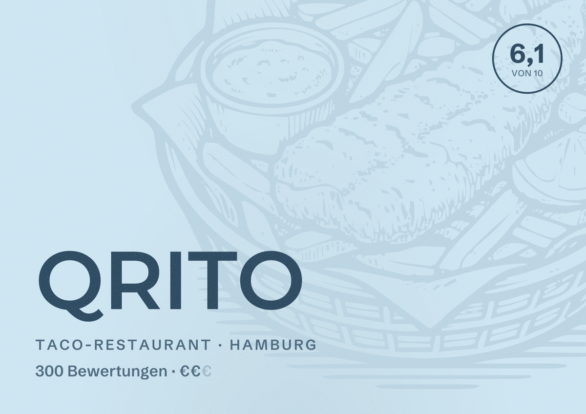 Illustriertes Poster von QRITO, Taco-Restaurant in Hamburg: Bewertung 6,1 von 10 aus 300 Bewertungen, Preisniveau €€