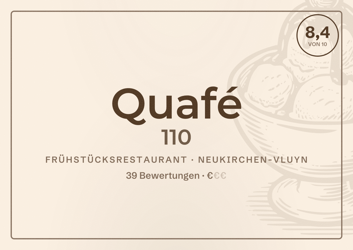 Illustriertes Poster von Quafé 110, Frühstücksrestaurant in Neukirchen-Vluyn: Bewertung 8,4 von 10 aus 39 Bewertungen, Preisniveau €