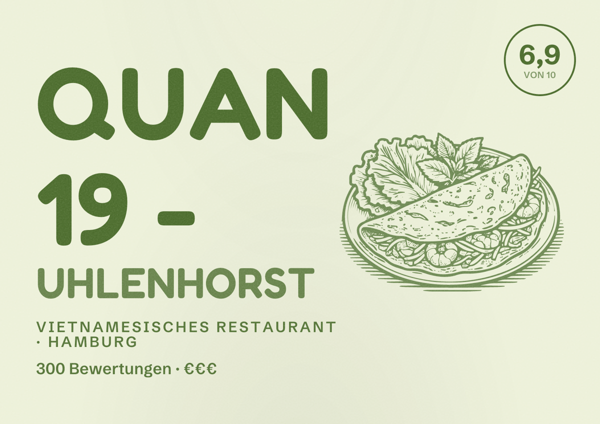 Illustriertes Poster von Quan 19 - Uhlenhorst, Vietnamesisches Restaurant in Hamburg: Bewertung 6,9 von 10 aus 300 Bewertungen, Preisniveau €€€