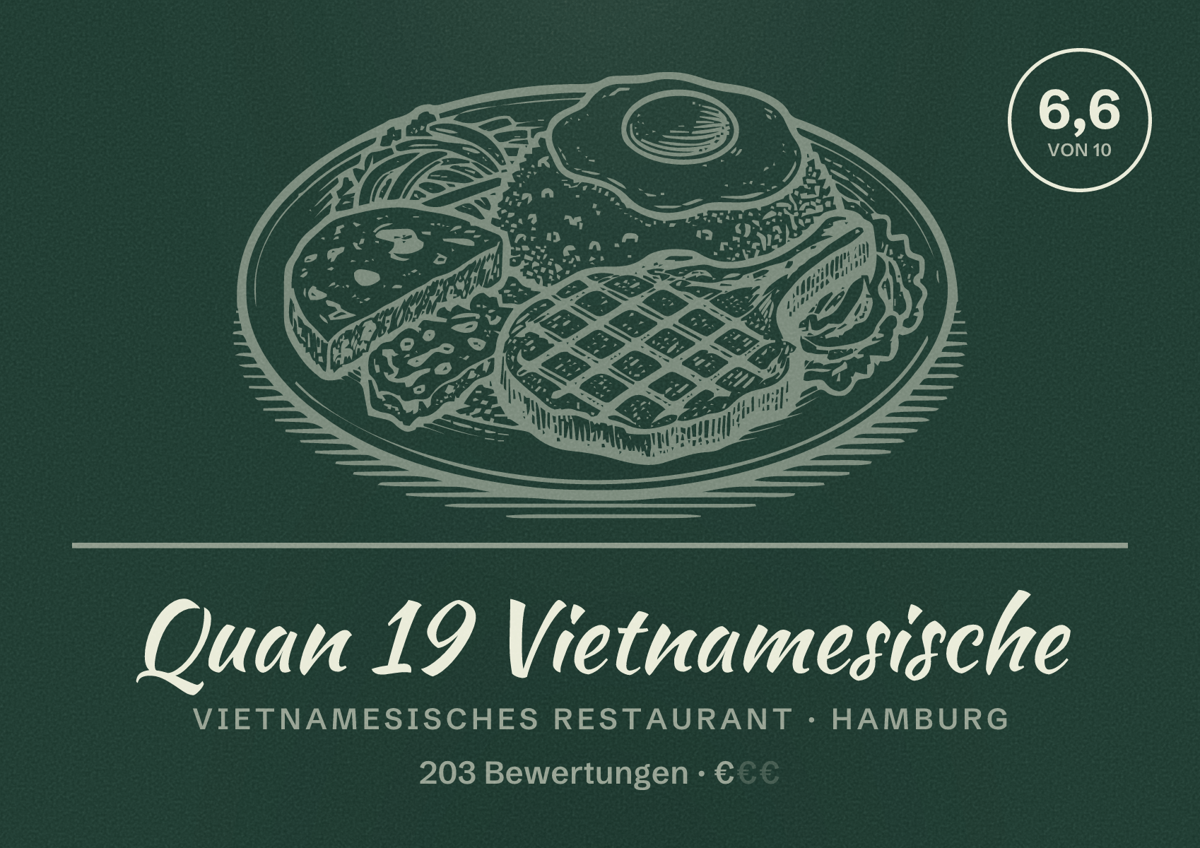 Illustriertes Poster von Quan 19 Vietnamesische, Vietnamesisches Restaurant in Hamburg: Bewertung 6,6 von 10 aus 203 Bewertungen, Preisniveau €