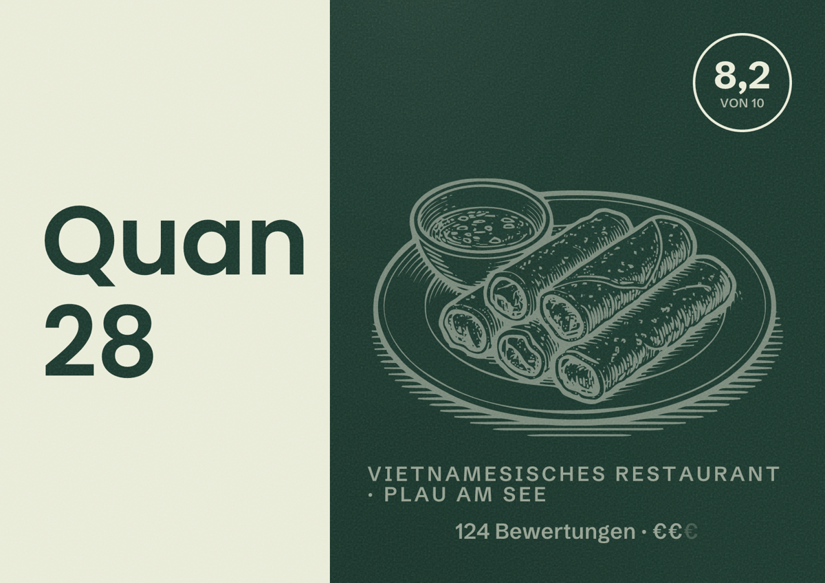 Illustriertes Poster von Quan 28, Vietnamesisches Restaurant in Plau am See: Bewertung 8,2 von 10 aus 124 Bewertungen, Preisniveau €€