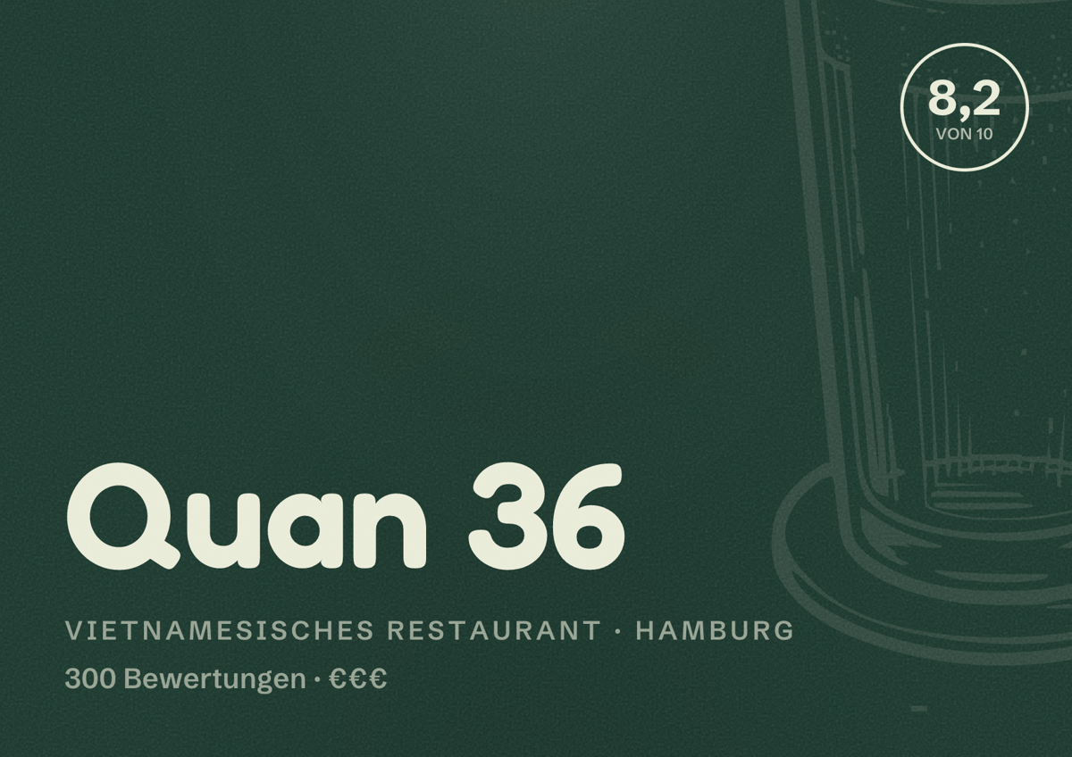 Illustriertes Poster von Quan 36, Vietnamesisches Restaurant in Hamburg: Bewertung 8,2 von 10 aus 300 Bewertungen, Preisniveau €€€