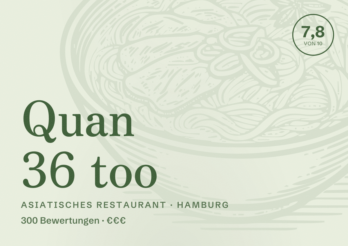 Illustriertes Poster von Quan 36 too, Asiatisches Restaurant in Hamburg: Bewertung 7,8 von 10 aus 300 Bewertungen, Preisniveau €€€