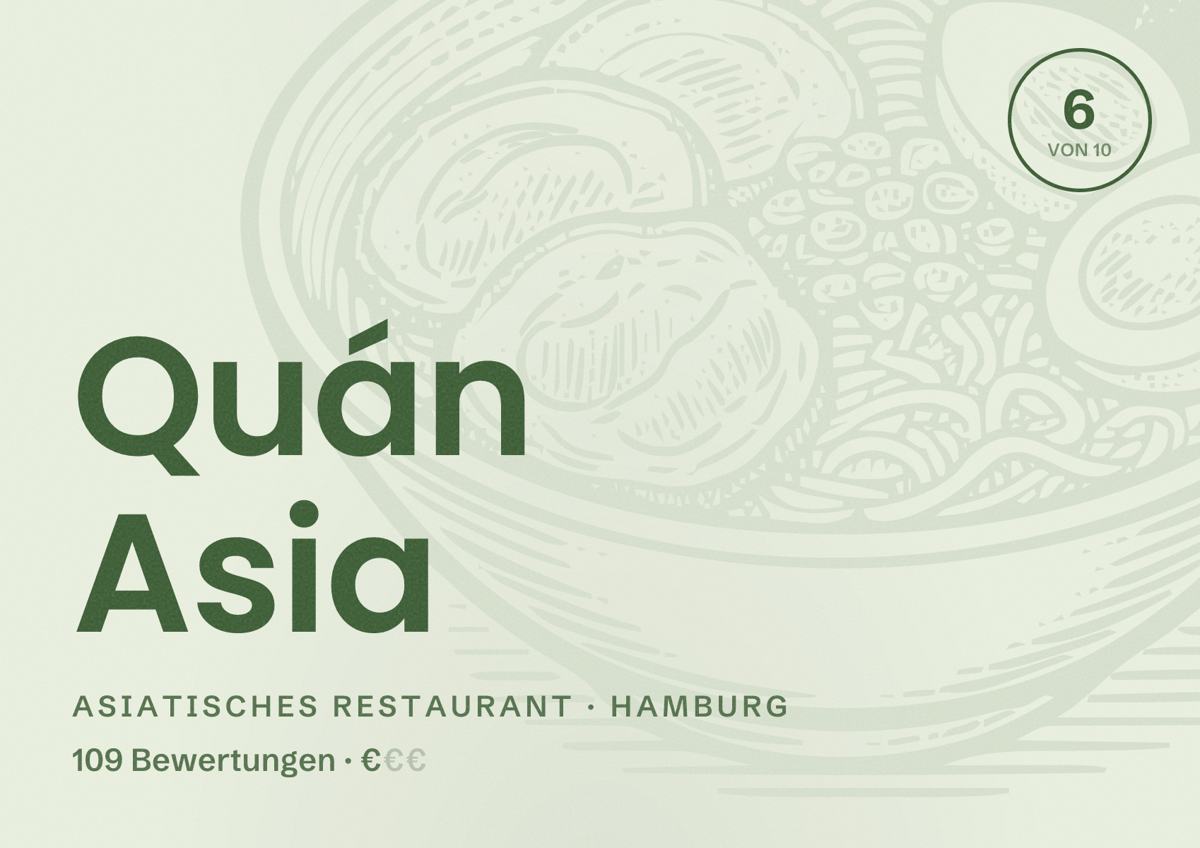 Illustriertes Poster von Quán Asia, Asiatisches Restaurant in Hamburg: Bewertung 6,0 von 10 aus 109 Bewertungen, Preisniveau €