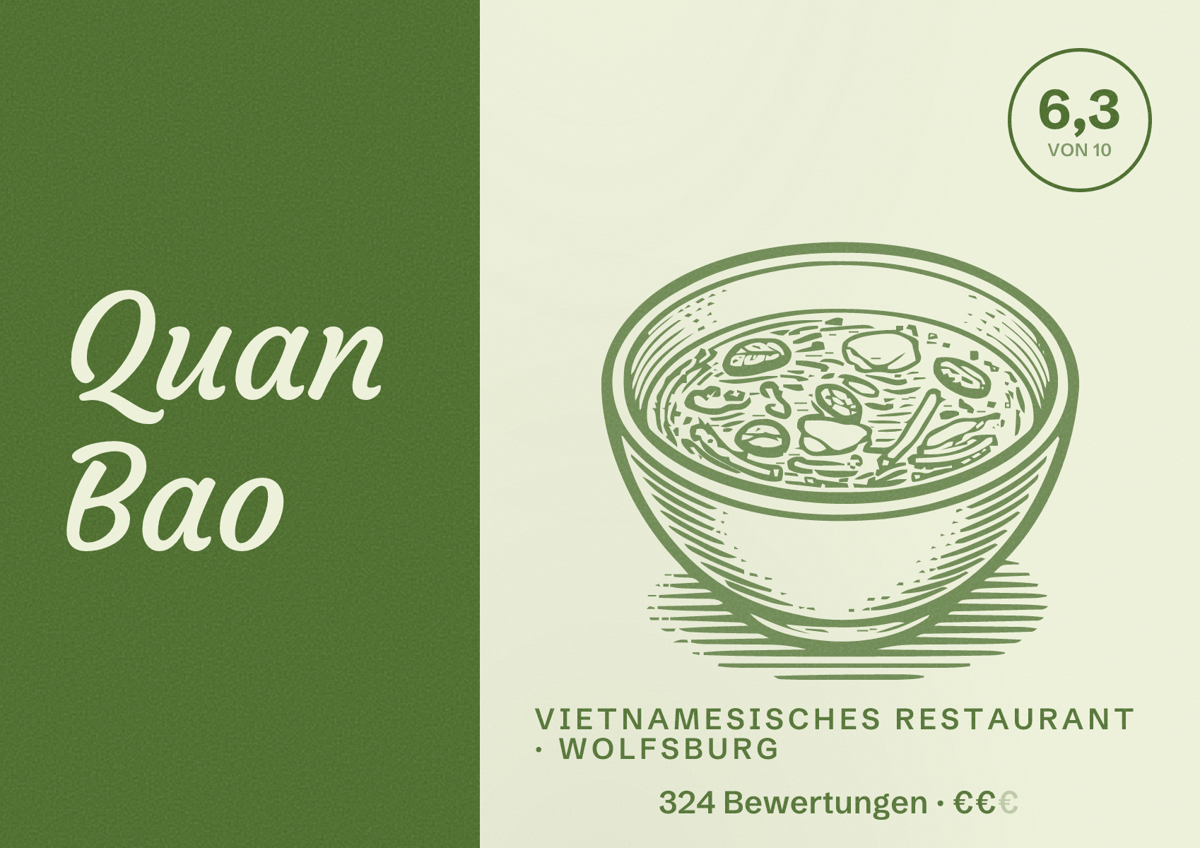 Illustriertes Poster von Quan Bao, Vietnamesisches Restaurant in Wolfsburg: Bewertung 6,3 von 10 aus 324 Bewertungen, Preisniveau €€