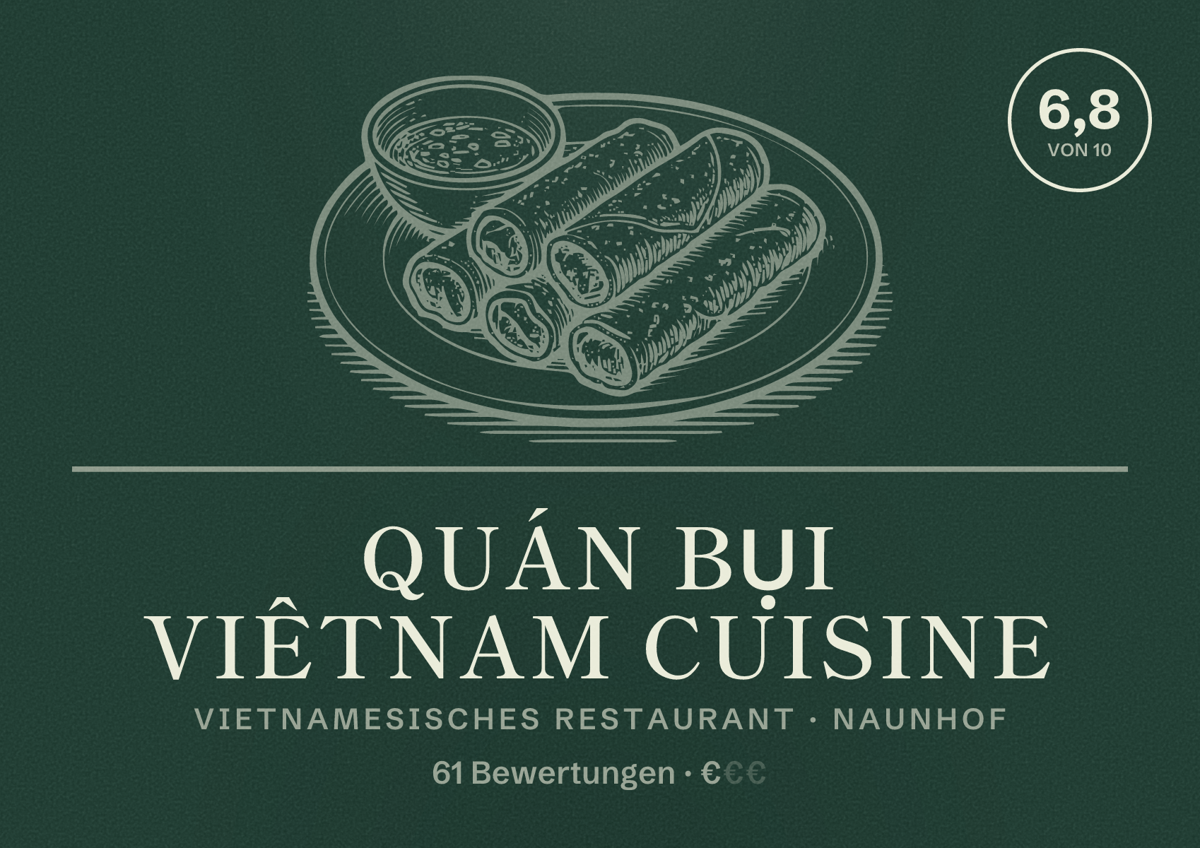 Illustriertes Poster von Quán Bụi Viêtnam Cuisine, Vietnamesisches Restaurant in Naunhof: Bewertung 6,8 von 10 aus 61 Bewertungen, Preisniveau €