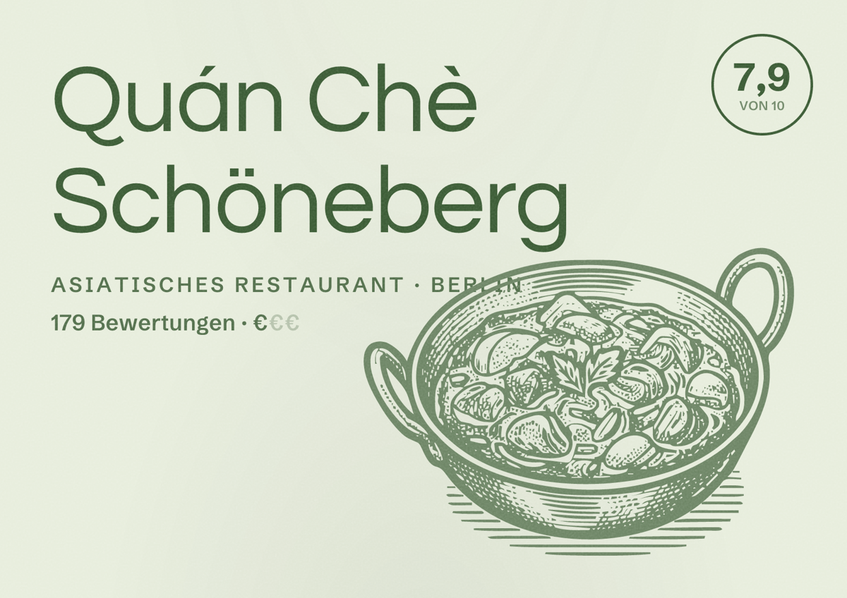 Illustriertes Poster von Quán Chè Schöneberg, Asiatisches Restaurant in Berlin: Bewertung 7,9 von 10 aus 179 Bewertungen, Preisniveau €