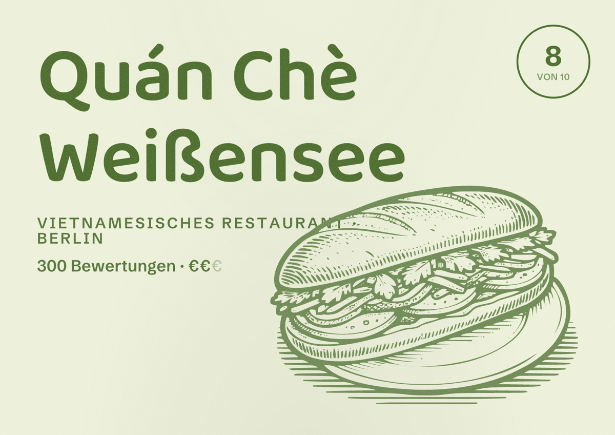 Illustriertes Poster von Quán Chè Weißensee, Vietnamesisches Restaurant in Berlin: Bewertung 8,0 von 10 aus 300 Bewertungen, Preisniveau €€