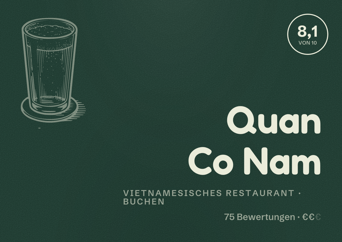 Illustriertes Poster von Quan Co Nam, Vietnamesisches Restaurant in Buchen: Bewertung 8,1 von 10 aus 75 Bewertungen, Preisniveau €€