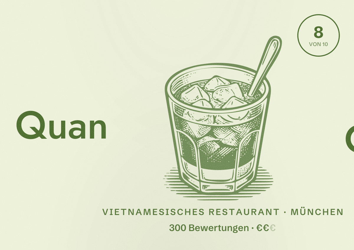 Illustriertes Poster von Quan Com, Vietnamesisches Restaurant in München: Bewertung 8,0 von 10 aus 300 Bewertungen, Preisniveau €€