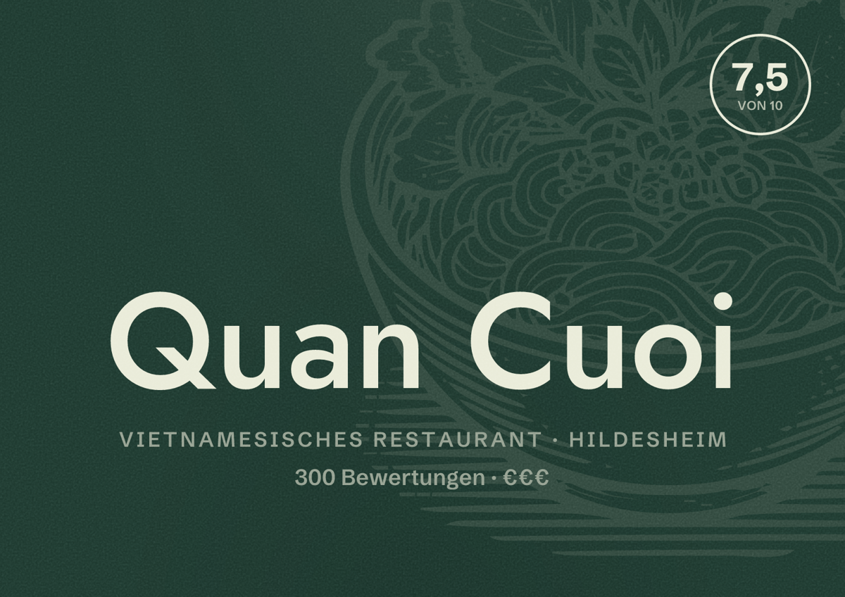 Illustriertes Poster von Quan Cuoi, Vietnamesisches Restaurant in Hildesheim: Bewertung 7,5 von 10 aus 300 Bewertungen, Preisniveau €€€