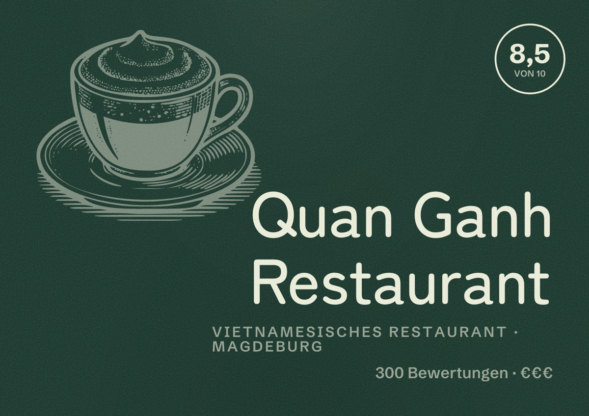 Illustriertes Poster von Quan Ganh Restaurant, Vietnamesisches Restaurant in Magdeburg: Bewertung 8,5 von 10 aus 300 Bewertungen, Preisniveau €€€