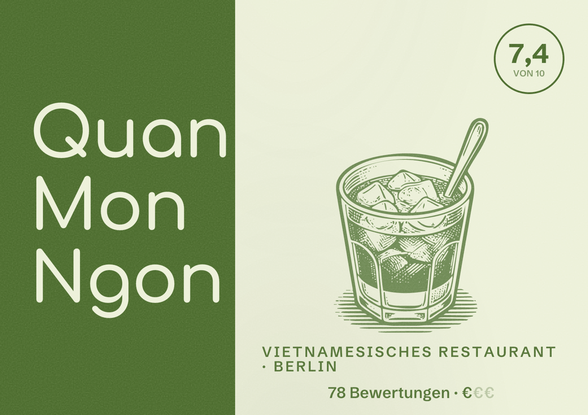 Illustriertes Poster von Quan Mon Ngon, Vietnamesisches Restaurant in Berlin: Bewertung 7,4 von 10 aus 78 Bewertungen, Preisniveau €