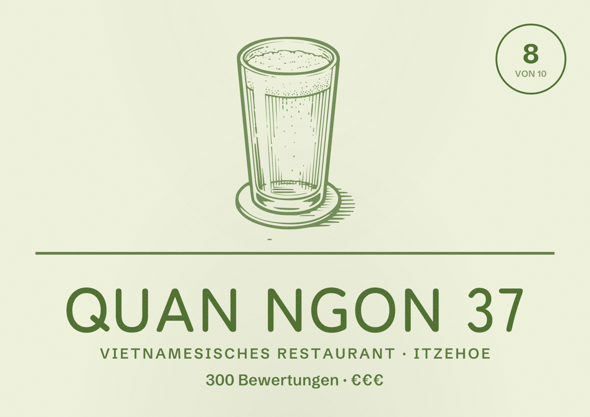 Illustriertes Poster von Quan Ngon 37, Vietnamesisches Restaurant in Itzehoe: Bewertung 8 von 10 aus 300 Bewertungen, Preisniveau €€€