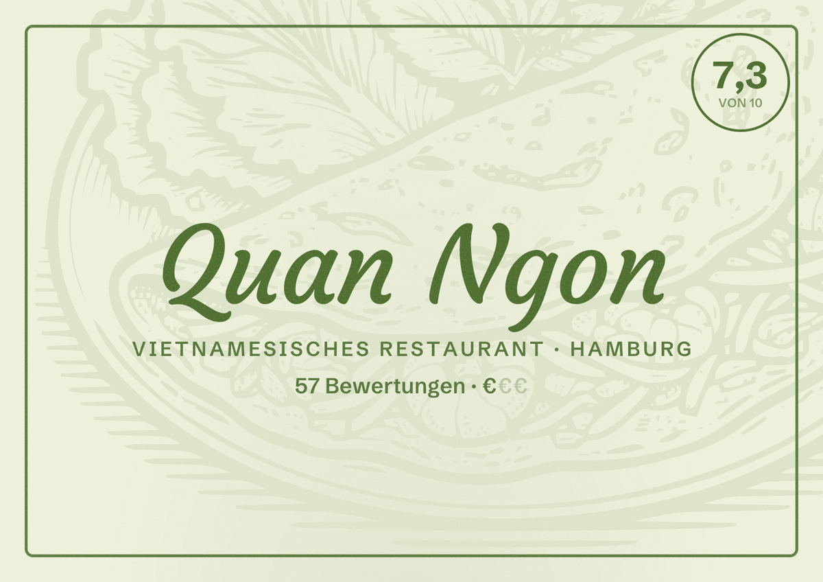 Illustriertes Poster von Quan Ngon, Vietnamesisches Restaurant in Hamburg: Bewertung 7,3 von 10 aus 57 Bewertungen, Preisniveau €