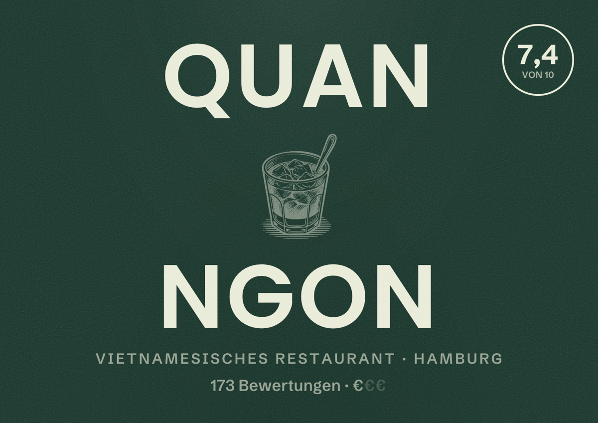 Illustriertes Poster von Quan Ngon, Vietnamesisches Restaurant in Hamburg: Bewertung 7,4 von 10 aus 173 Bewertungen, Preisniveau €
