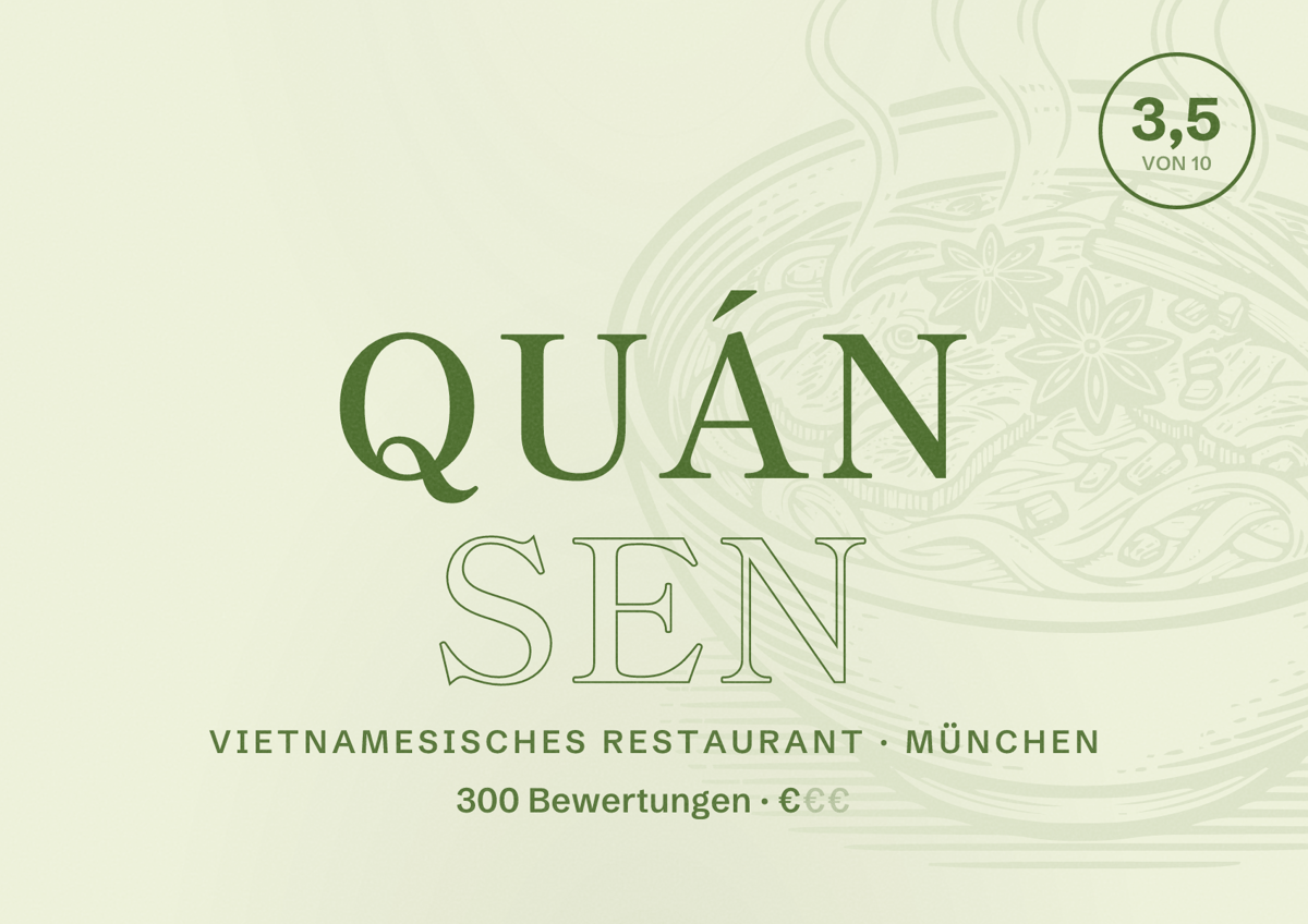 Illustriertes Poster von Quán Sen, Vietnamesisches Restaurant in München: Bewertung 3,5 von 10 aus 300 Bewertungen, Preisniveau €