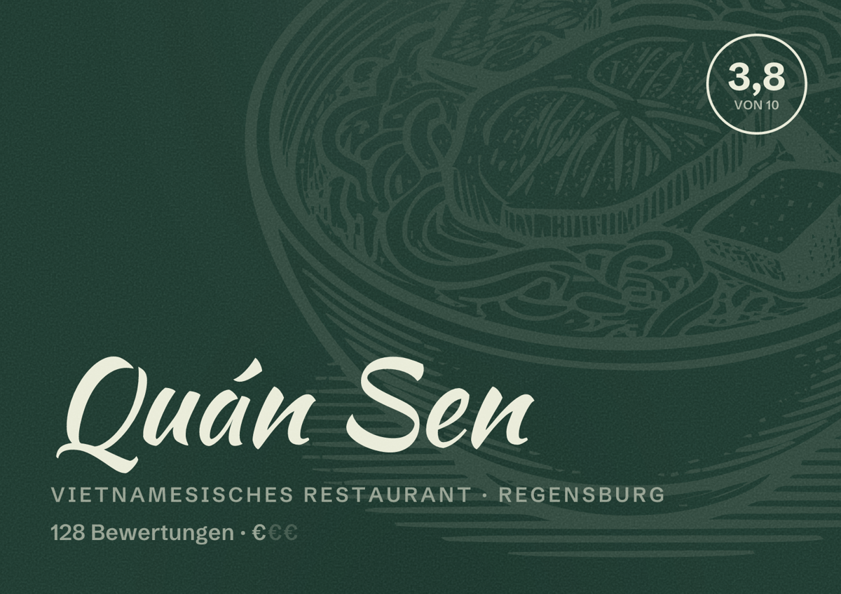 Illustriertes Poster von Quán Sen, Vietnamesisches Restaurant in Regensburg: Bewertung 3,8 von 10 aus 128 Bewertungen, Preisniveau €