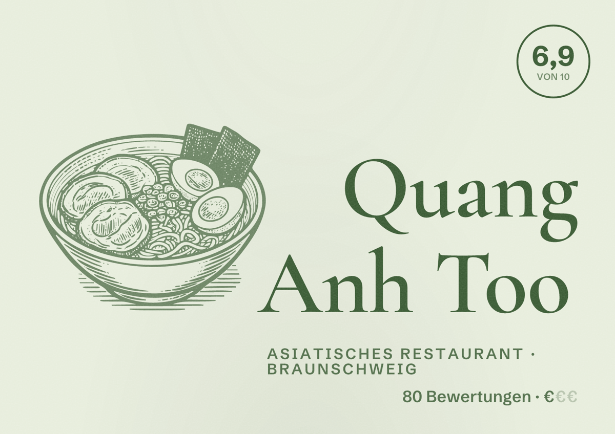 Illustriertes Poster von Quang Anh Too, Asiatisches Restaurant in Braunschweig: Bewertung 6,9 von 10 aus 80 Bewertungen, Preisniveau €