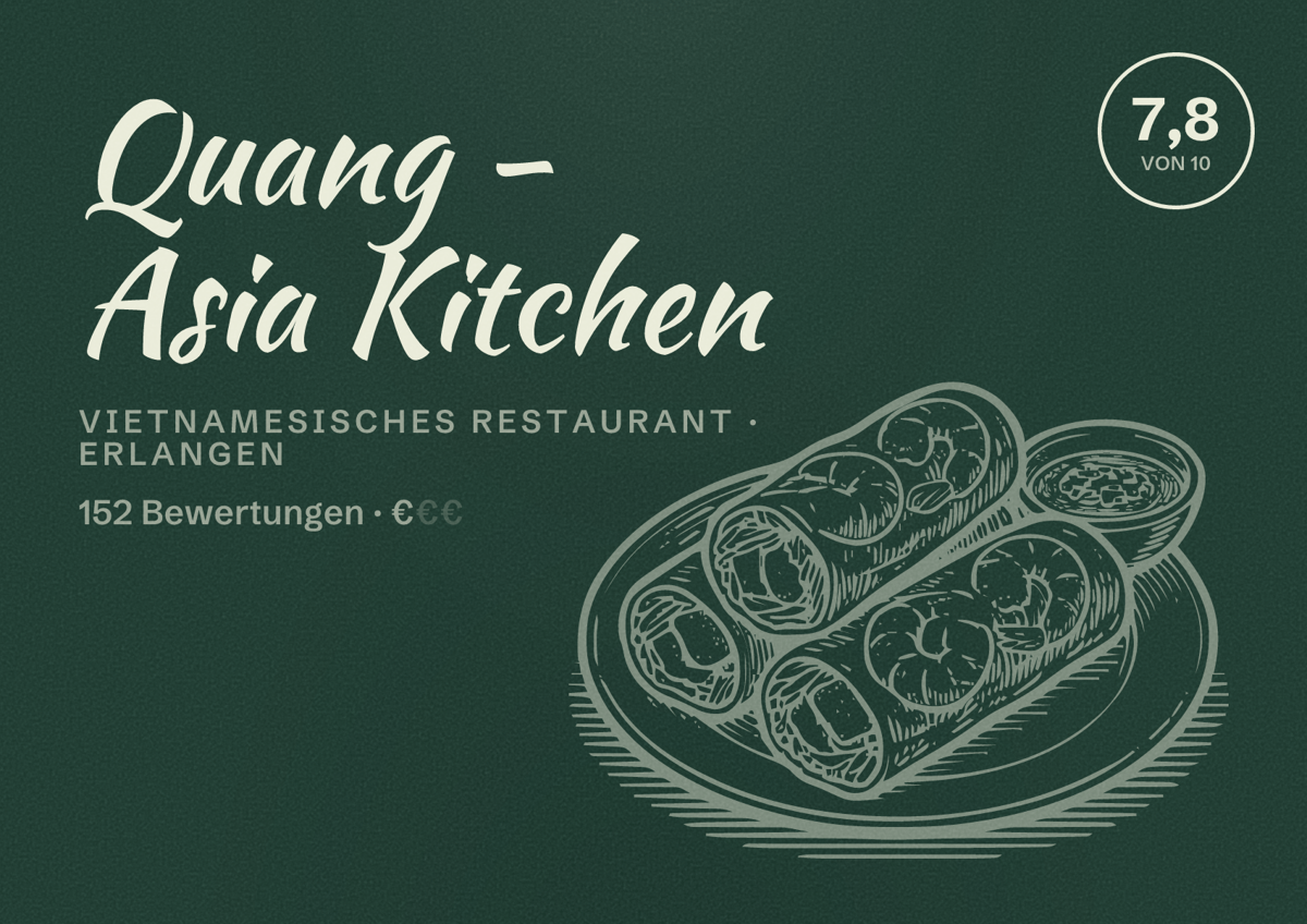 Illustriertes Poster von Quang - Asia Kitchen, Vietnamesisches Restaurant in Erlangen: Bewertung 7,8 von 10 aus 152 Bewertungen, Preisniveau €